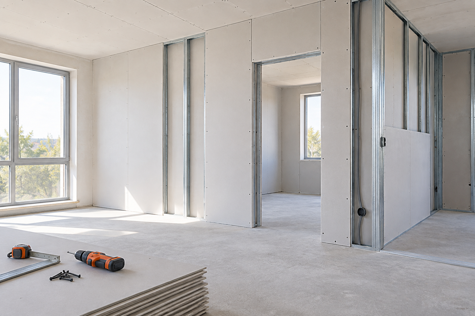 Vue de cloisons et plaques de plâtre en cours de pose dans une pièce